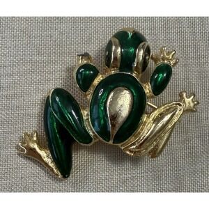Vintage Style Green Frog Brooch Gold Tone Enamel‎ Rhinestone Figural Pin Animal